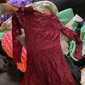 Charlotte Russe Burgundy Lace Long Sleeve Lace-Up Dress